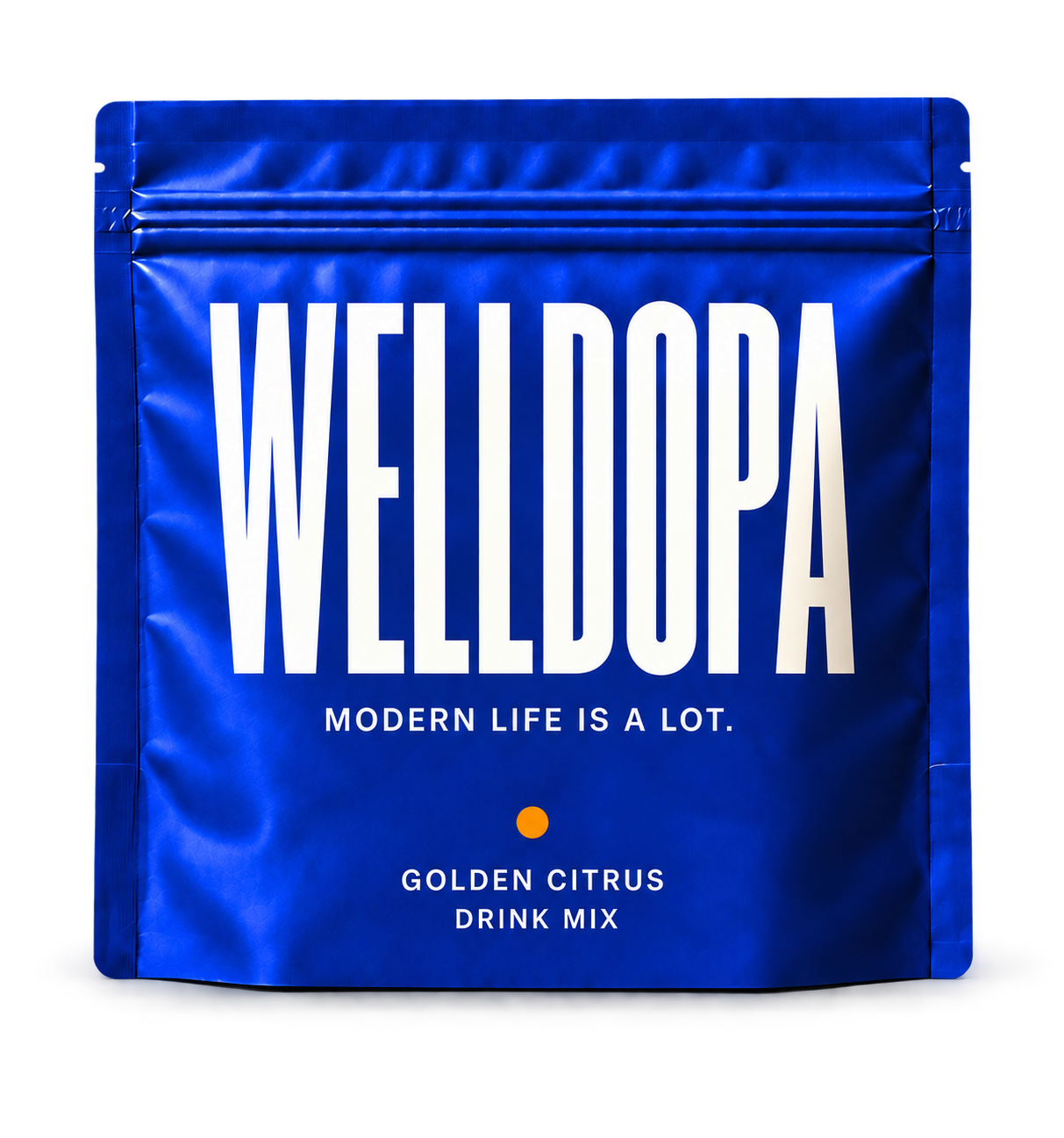 Front of the cobalt WellDopa Golden Citrus pouch concept