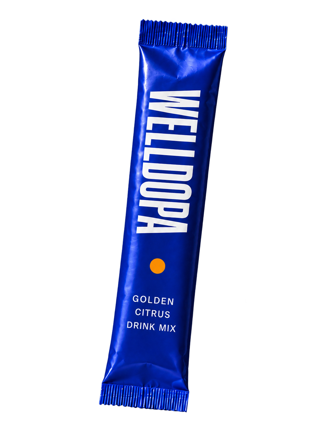 Realistic cobalt foil WellDopa Golden Citrus drink-mix stick with crimped ends
